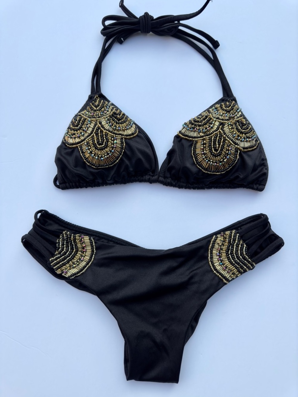 Embellished Black Bikini Set with Gold Bead Accents